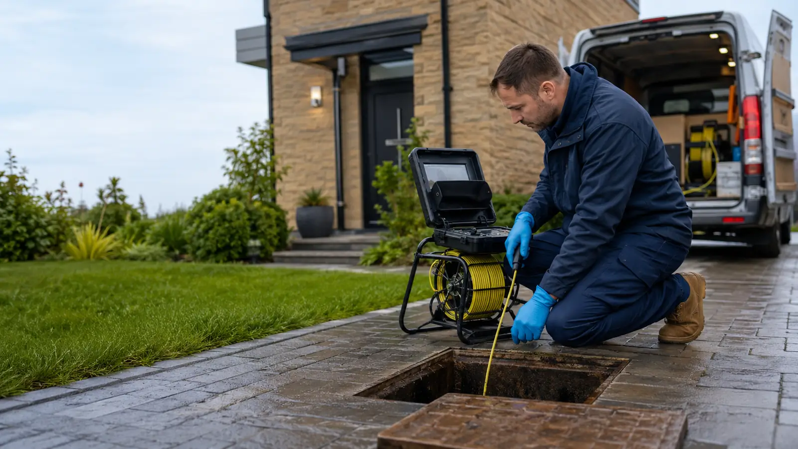 Illustrative image of a drainage engineer preparing CCTV inspection equipment outside a home